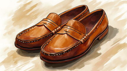 A pair of brown leather loafers on a beige background.