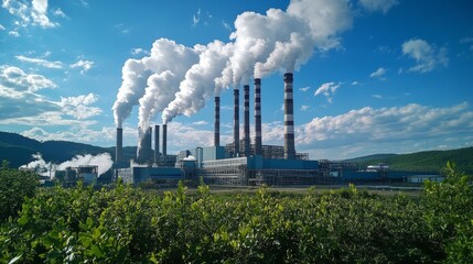 A vast industrial plant with several chimneys ejecting white smoke into a blue sky, positioned in a lush green landscape, representing industrial activity and environmental impact.