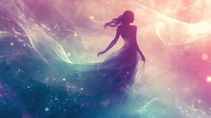 Wall Mural - A Woman in a Flowing Dress Against a Galaxy Background