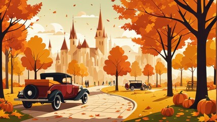 A scenic autumn landscape featuring vintage cars, colorful trees, and a castle backdrop.