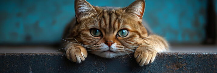 Poster - A tabby cat with green eyes stares intently at the camera.