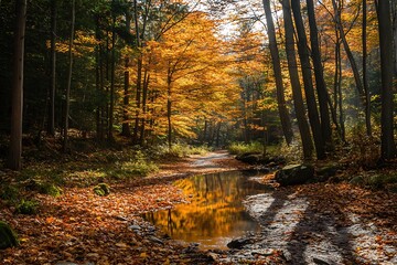 Poster - Sunlit Autumn Forest Path with Golden Leaves and Puddle Reflection