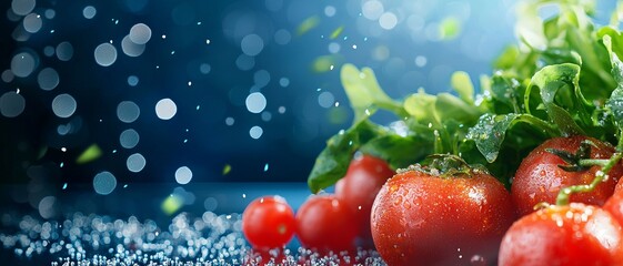 Fresh tomatoes and vibrant greens with droplets. Perfect for healthy food, cooking, and organic lifestyle concepts.