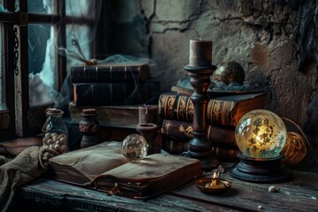 Ancient grimoire laying open on a wooden table surrounded by a crystal ball, candles, and potion bottles