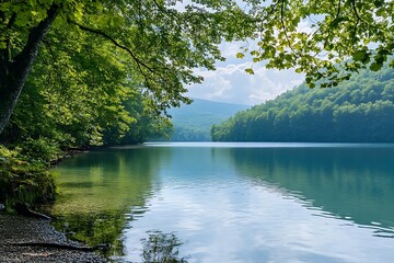 Poster - Scenic View of Calm Lake Surrounded by Lush Green Trees