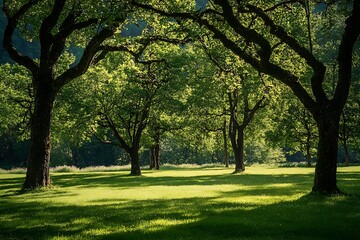 Poster - Sunlight filtering through lush green trees in a forest clearing