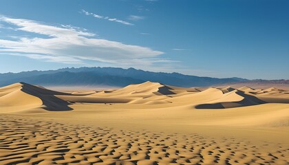 Serene desert landscape with expansive golden sand dunes under a bright blue sky and distant mountains