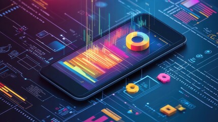 Smartphone with business graph and analytics data on isometric mobile phone. Analysis trends and software development coding process concept. Programming, testing cross platform code