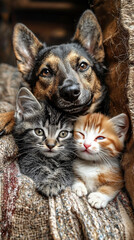 Canvas Print - A German Shepherd dog cuddles with two kittens, a tabby and an orange.