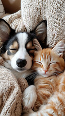 Canvas Print - A dog and cat cuddle up together for a nap.