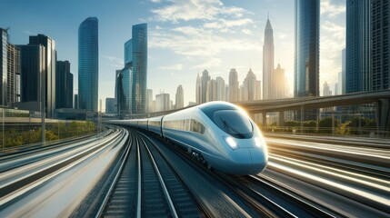 Wall Mural - High-Speed Train Traveling Through Modern Cityscape at Sunset