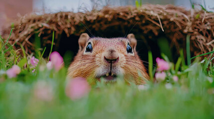 Canvas Print - A curious chipmunk peeks out from its burrow.