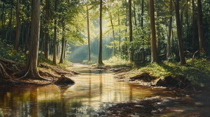 Sticker - A Sunlit Stream Winding Through a Tranquil Forest