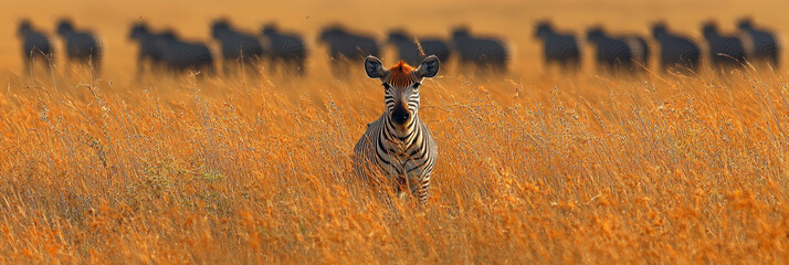 A lone zebra stands in a field of tall grass, with a herd of zebras in the background.