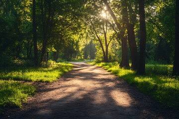 Sticker - Sunlight shining through trees in a forest path, nature scenery, peaceful walk in the woods