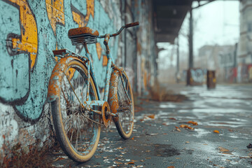 Poster - A rusted, broken-down bicycle leaning against a graffiti-covered wall. Concept of poverty and limited transportation.