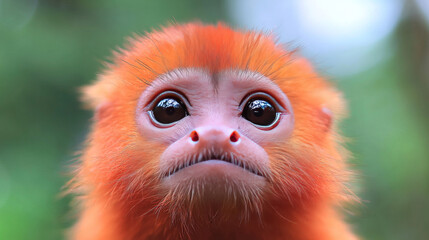 Close-up of a young golden monkey looking up with curious eyes.