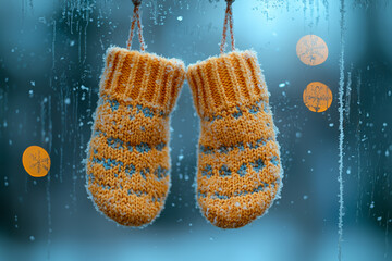 Canvas Print - A pair of woolen mittens hanging from a frosty windowpane. Concept of winter holiday warmth.