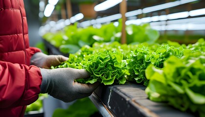 Urban indoor farm close-up of a person in gloves harvesting fresh green lettuce