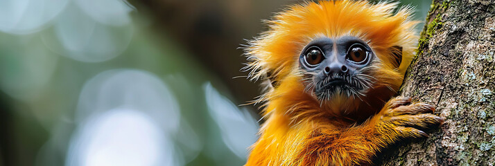 A golden-furred monkey looks at the camera from a tree.