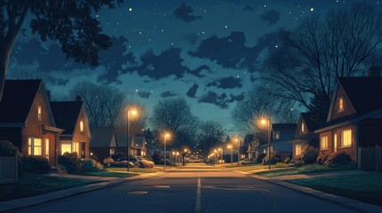 A quiet suburban street at night with houses lit up and stars in the sky.