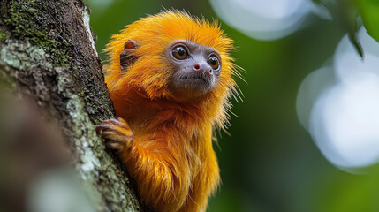 A golden-haired monkey clinging to a tree branch.