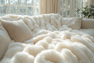 Canvas Print - A fluffy white blanket resembling freshly fallen snow on a couch. Concept of cozy holiday decor.