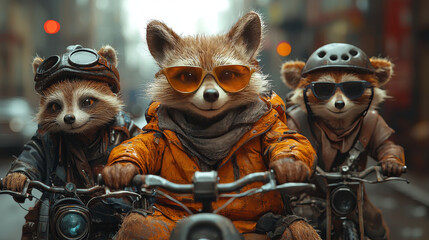 Sticker - Three raccoons ride motorcycles in the city.