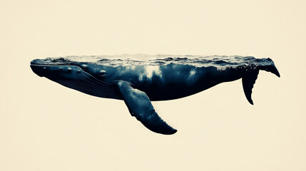 A whale swims through the ocean, its body partially submerged.