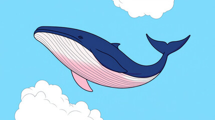 Sticker - A cartoon whale swims through the sky with white clouds.