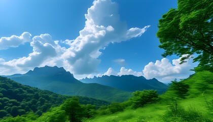 Serene scenic landscape of lush green mountains beneath a bright blue sky adorned with fluffy white clouds