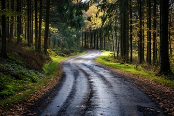 Wall Mural - Winding Road through Lush Green Forest after Rain