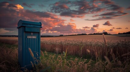 A blue mailbox stands in a golden field under a colorful sunset. The serene landscape captures the beauty of nature and rural life.