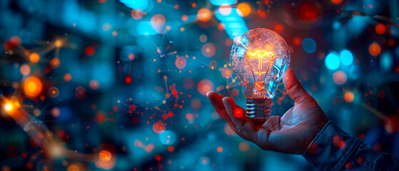 Businessman holding creative light bulb with growth graph and knowledge management system icons. Utilizing innovation technology to develop new strategies and solutions that enhance successful