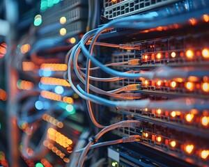 close-up of network server with glowing lights and cables, showcasing modern technology and data con