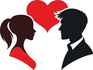 Silhouette faces of man and woman with heart shape, flat vector love concept