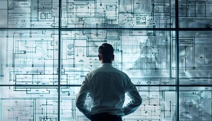 A man analyzing digital data on a transparent screen, representing innovation and technology in a modern workspace.