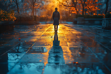 Poster - A reflective moment of a person looking at their shadow cast by a setting sun, with the shadow stretching long and contemplative across the ground.