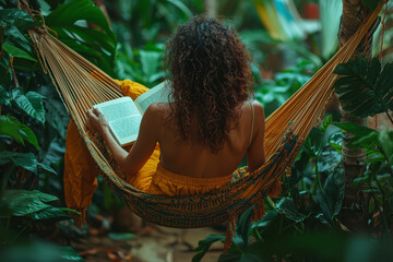 Poster - A person relaxing in a hammock with a book, surrounded by tropical plants, symbolizing relaxation and escape.