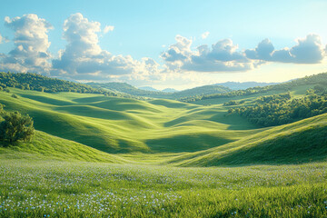 Wall Mural - A peaceful countryside landscape with rolling hills and a clear blue sky, symbolizing tranquility and natural beauty.