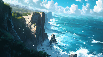 A dramatic cliffside view with expansive ocean vistas, rugged rock formations, and crashing waves below. Cliffside View. Illustration