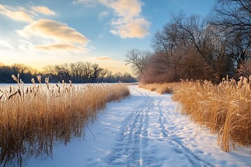 Wall Mural - Snowy path through tall grass with winter trees and a blue sky