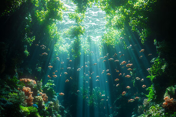 Poster - A dreamy underwater garden with glowing coral and schools of fish creating intricate patterns, representing the hidden beauty of marine life.