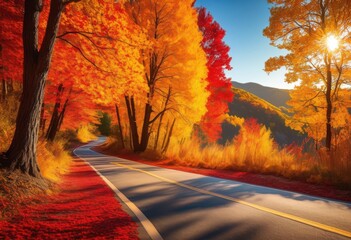 vibrant roadway views showcasing bright autumn foliage colorful trees scenic landscape, nature, scenery, leaves, park, path, season, outdoor, travel