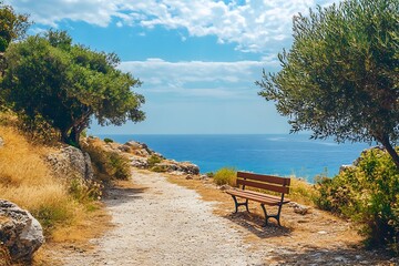 Canvas Print - Scenic view of a path leading to a bench overlooking the ocean with clear blue water and sky