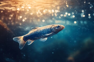 Fish Swimming Underwater with Sunbeams Shining Through