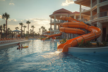 Canvas Print - Parents and children enjoying a day at a water park, sliding down water slides and relaxing by the pool.