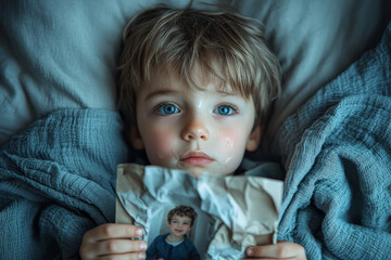 Wall Mural - A tearful child holding a crumpled photograph of their family while sitting on a bed with an empty room around them.