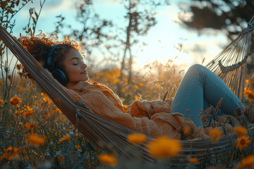 Poster - A person lounging in a hammock on a lazy afternoon, wearing casual clothing and listening to music.