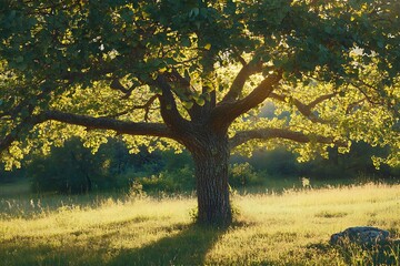 Canvas Print - Sunlight filtering through the leaves of a large oak tree in a grassy field.